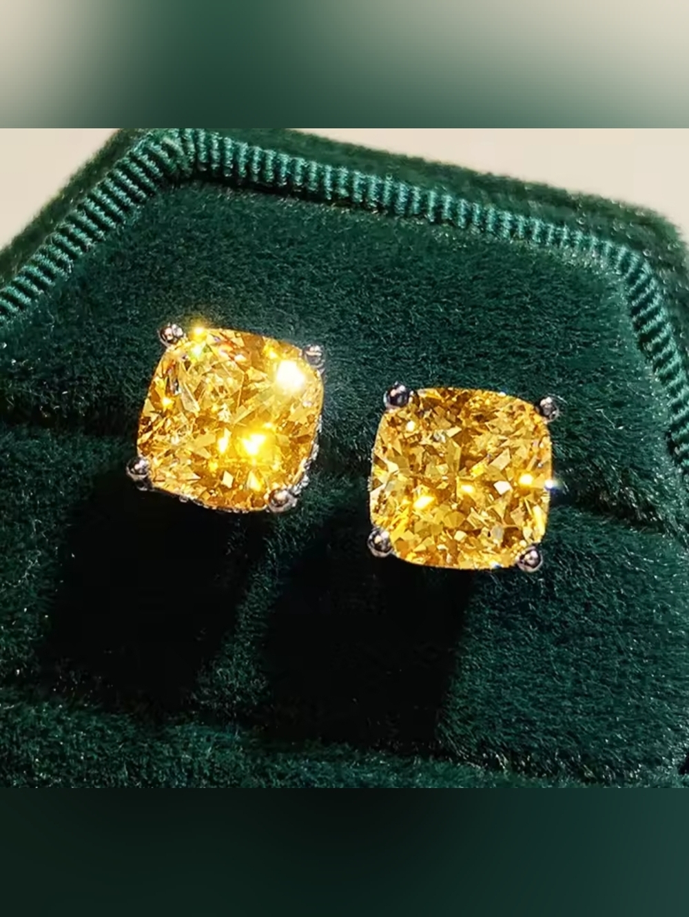 White Rhodium Canary Yellow Sapphire Cushion Stud Earrings